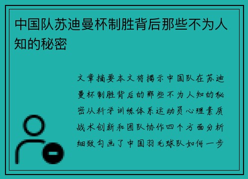 中国队苏迪曼杯制胜背后那些不为人知的秘密